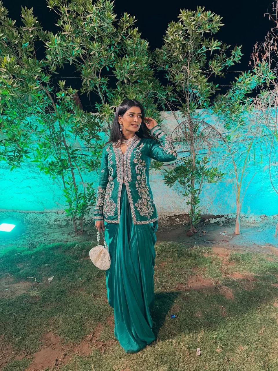 Classic Satin Elegance: Lehengaâ€“Blouseâ€“Koti Set for Festive Glam