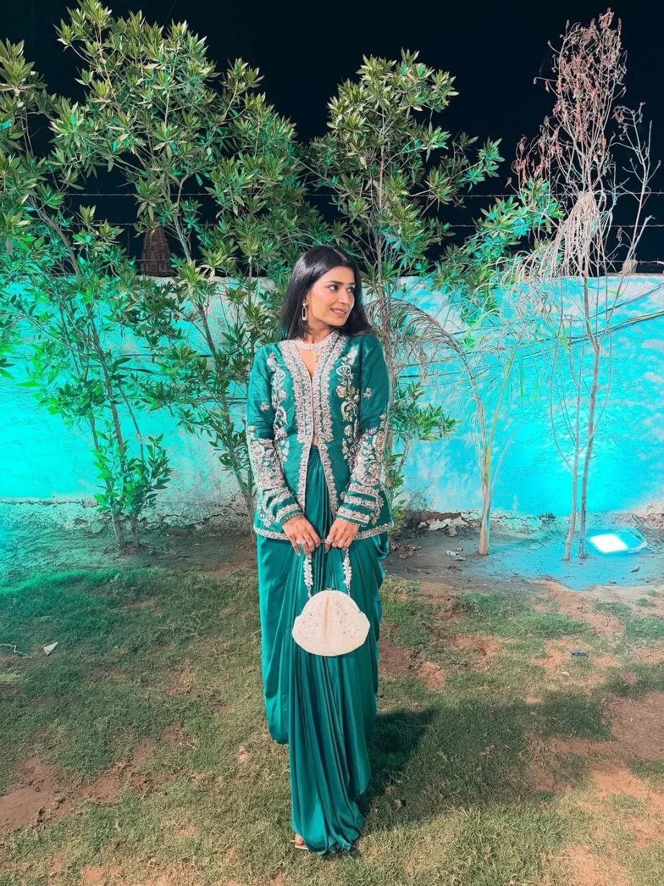 Classic Satin Elegance: Lehengaâ€“Blouseâ€“Koti Set for Festive Glam