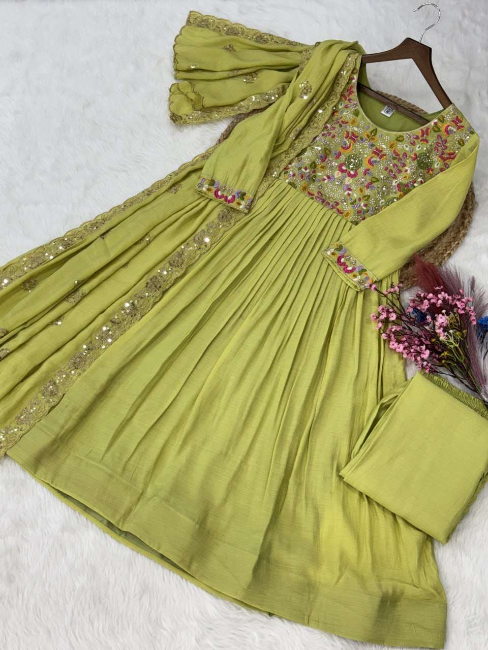 Lime Green Embroidered Anarkali Suit Elegant Festive Wear for Women
