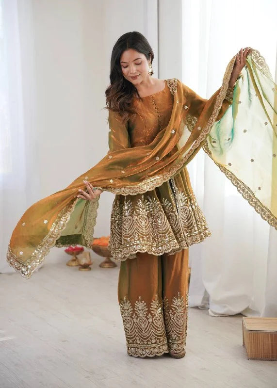 Chic Festive Wear Plazo Set â€“ Two-Tone Fandy Silk with Real Mirror Work