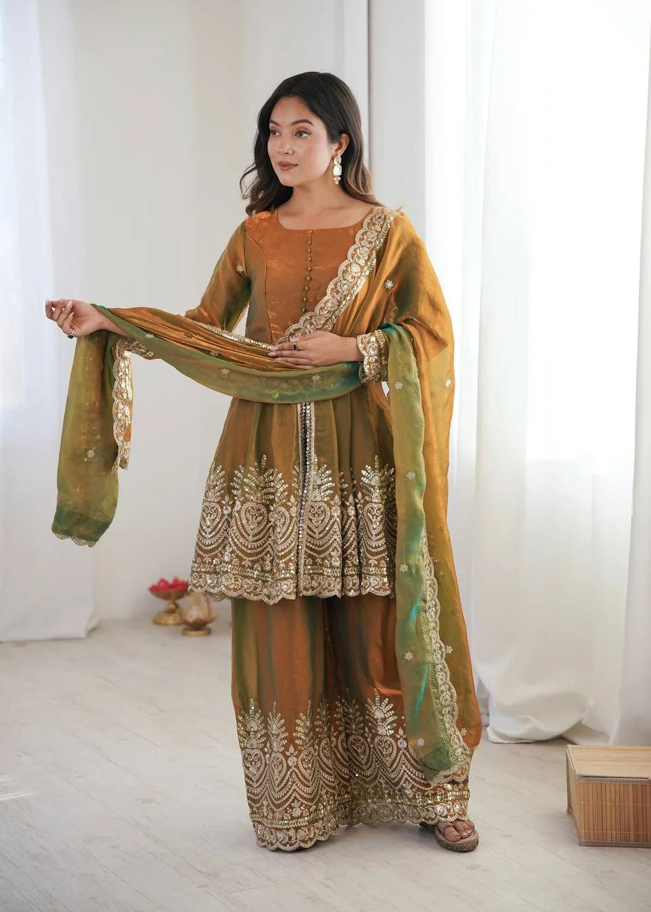 Chic Festive Wear Plazo Set â€“ Two-Tone Fandy Silk with Real Mirror Work