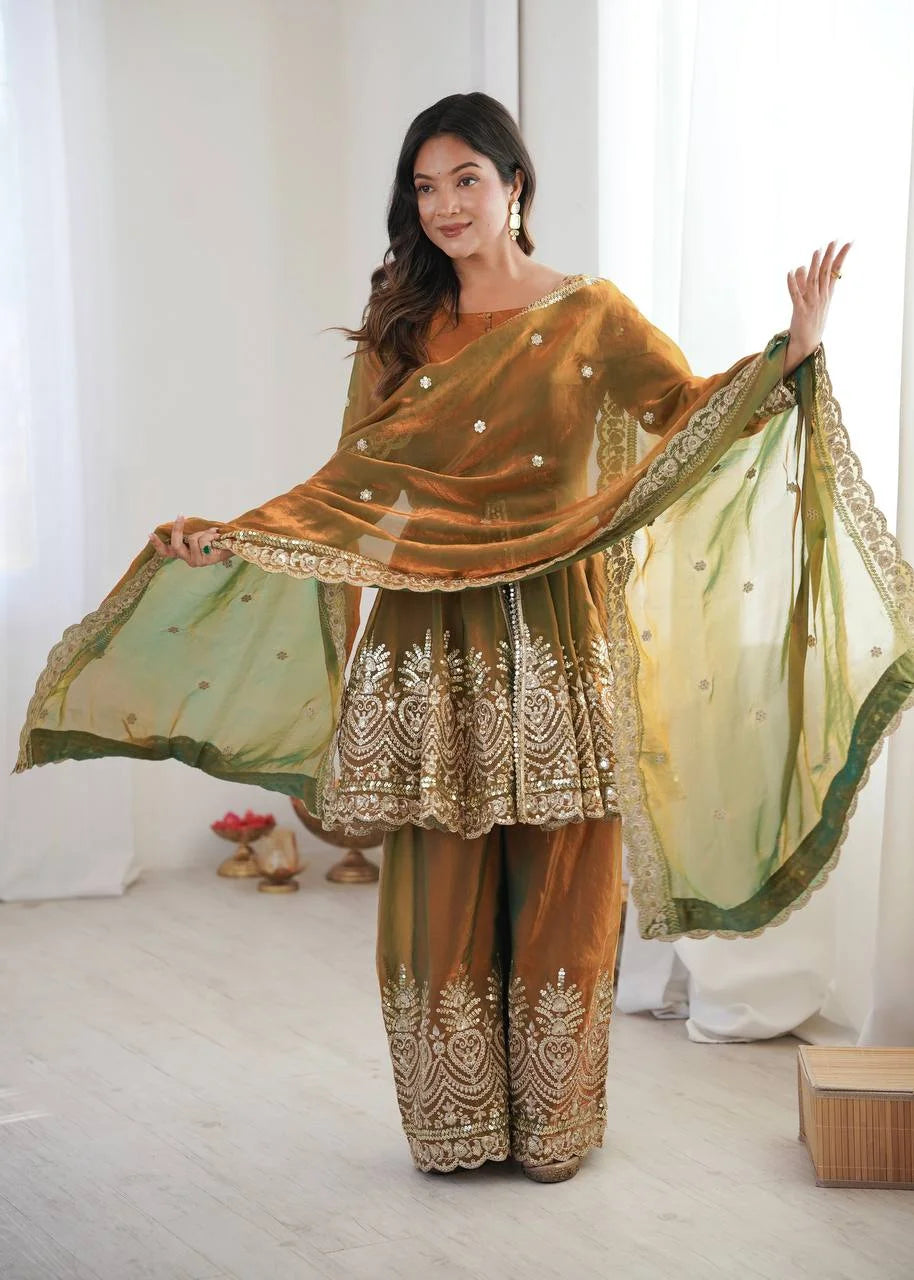 Chic Festive Wear Plazo Set â€“ Two-Tone Fandy Silk with Real Mirror Work