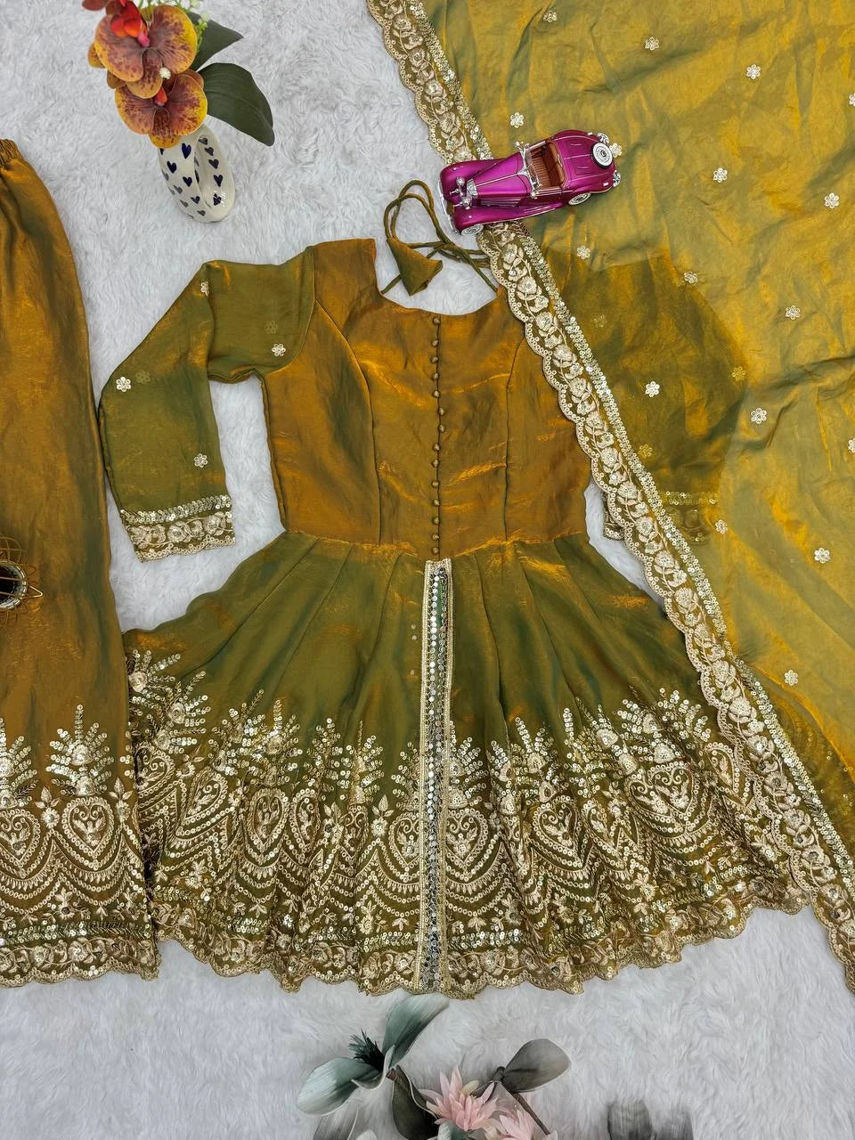 Chic Festive Wear Plazo Set â€“ Two-Tone Fandy Silk with Real Mirror Work