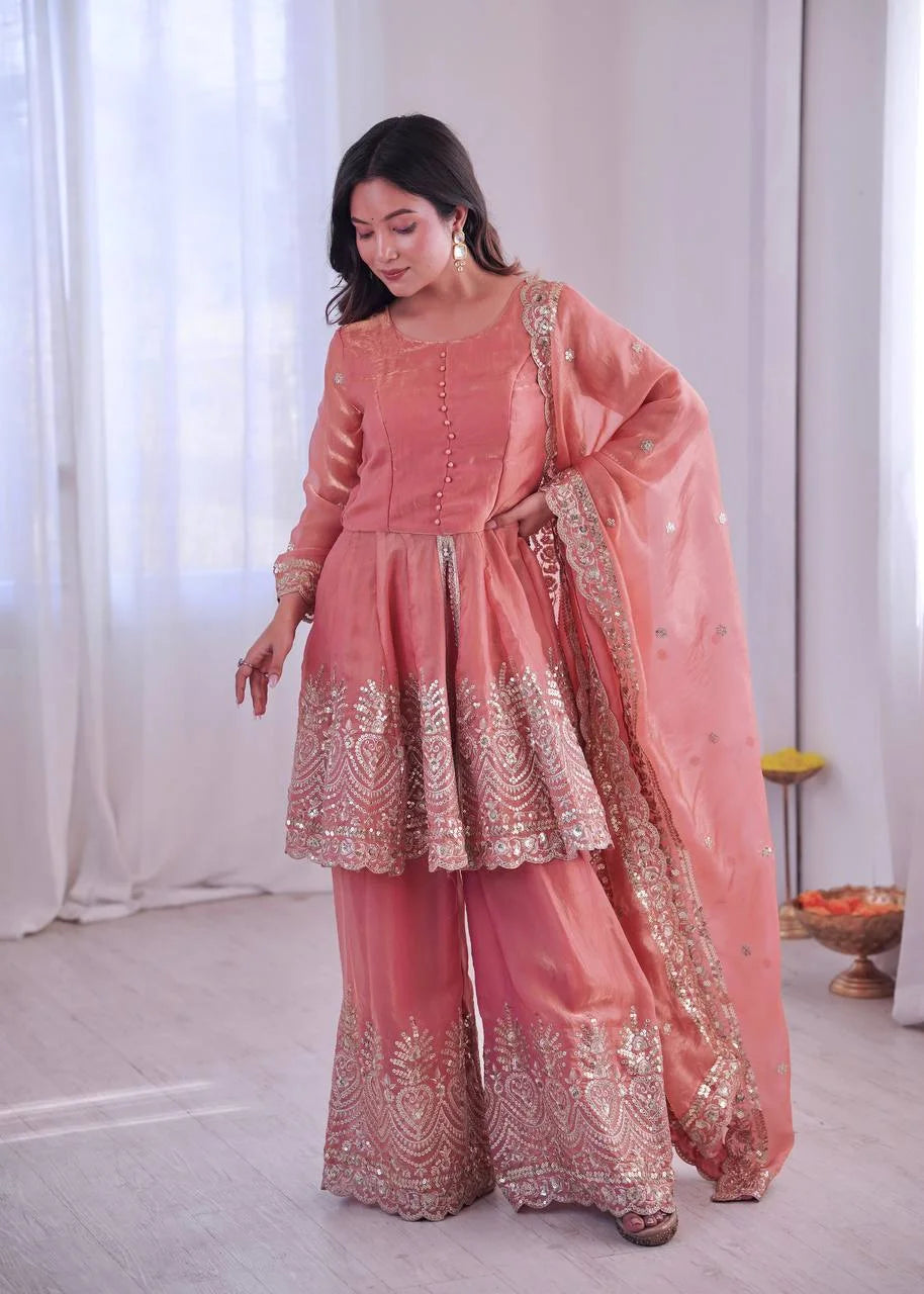 Graceful Festive Plazo Outfit â€“ Two-Tone Fandy Silk Embroidery Set