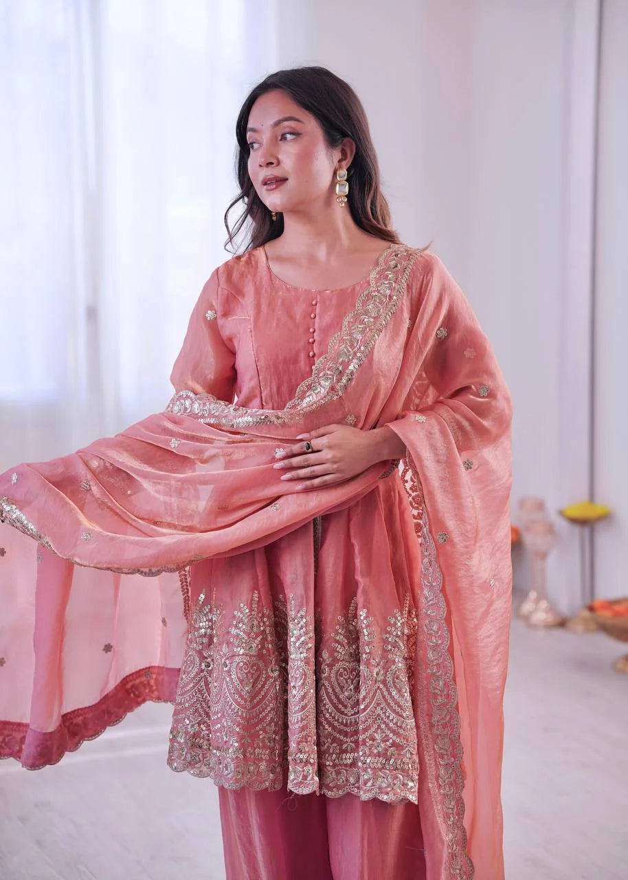 Graceful Festive Plazo Outfit â€“ Two-Tone Fandy Silk Embroidery Set