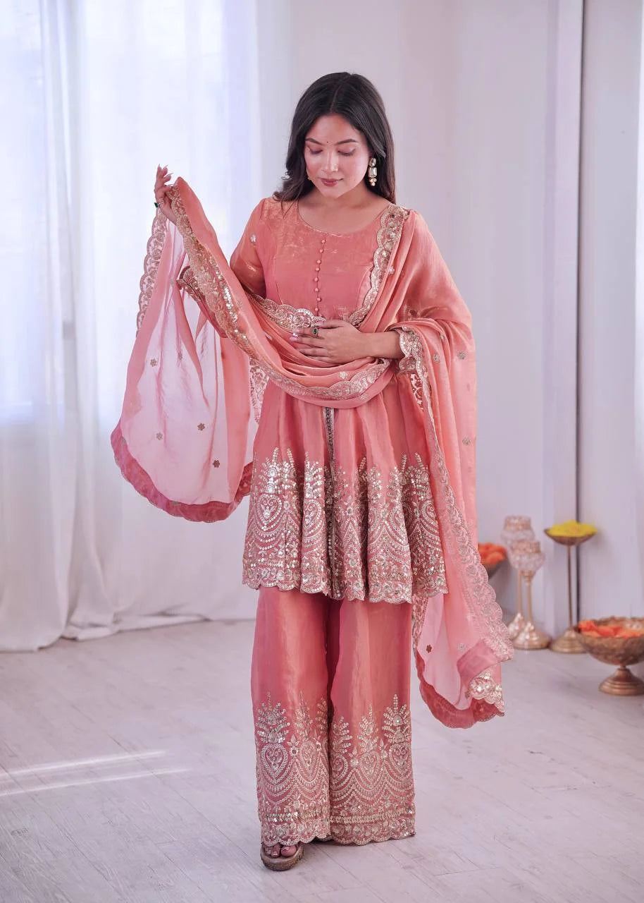 Graceful Festive Plazo Outfit â€“ Two-Tone Fandy Silk Embroidery Set
