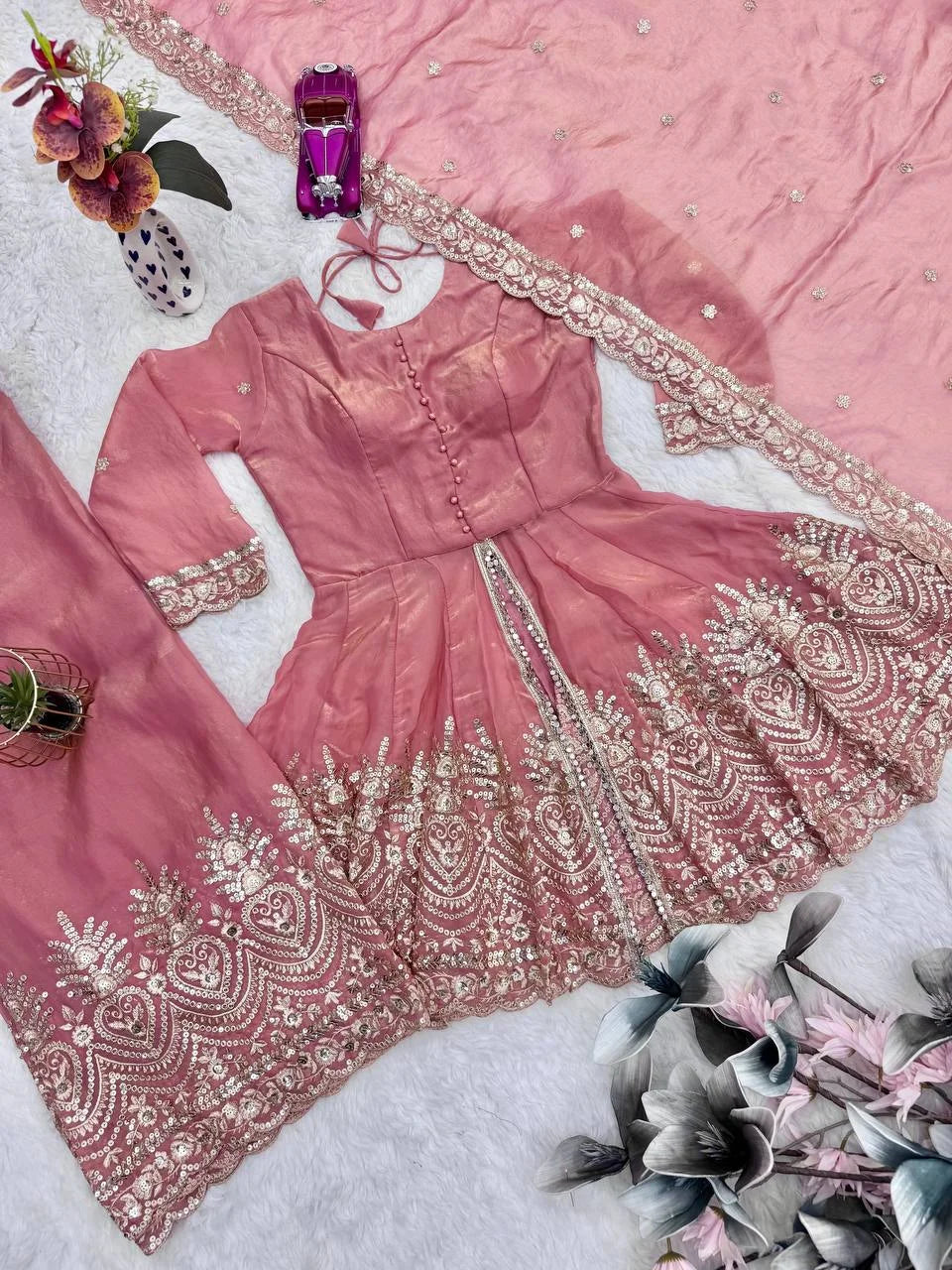 Graceful Festive Plazo Outfit â€“ Two-Tone Fandy Silk Embroidery Set