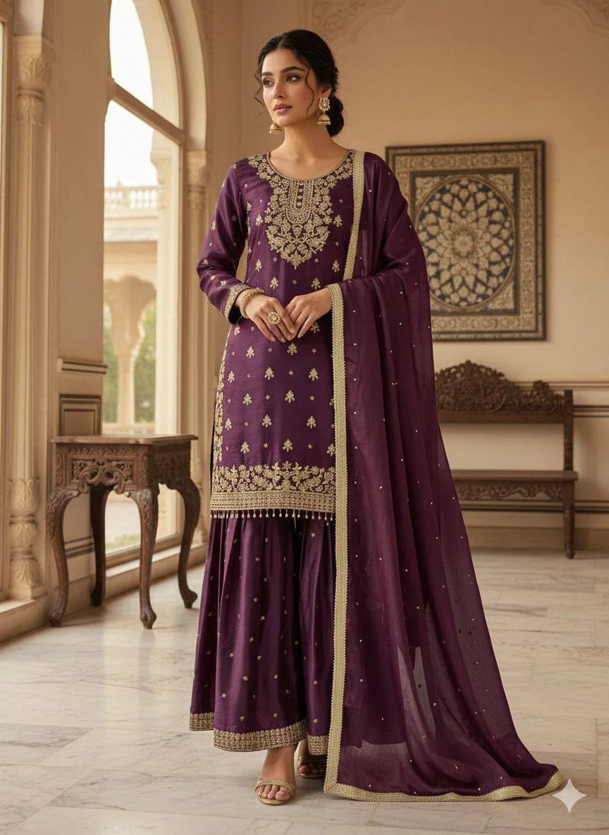 Designer Sharara Set â€“ GMY Silk with Sequen Embroidery & Beads Dupatta