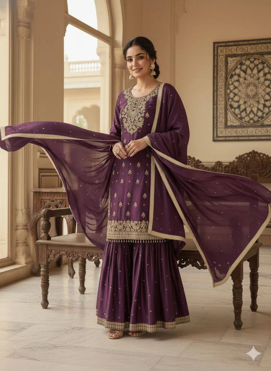 Designer Sharara Set â€“ GMY Silk with Sequen Embroidery & Beads Dupatta