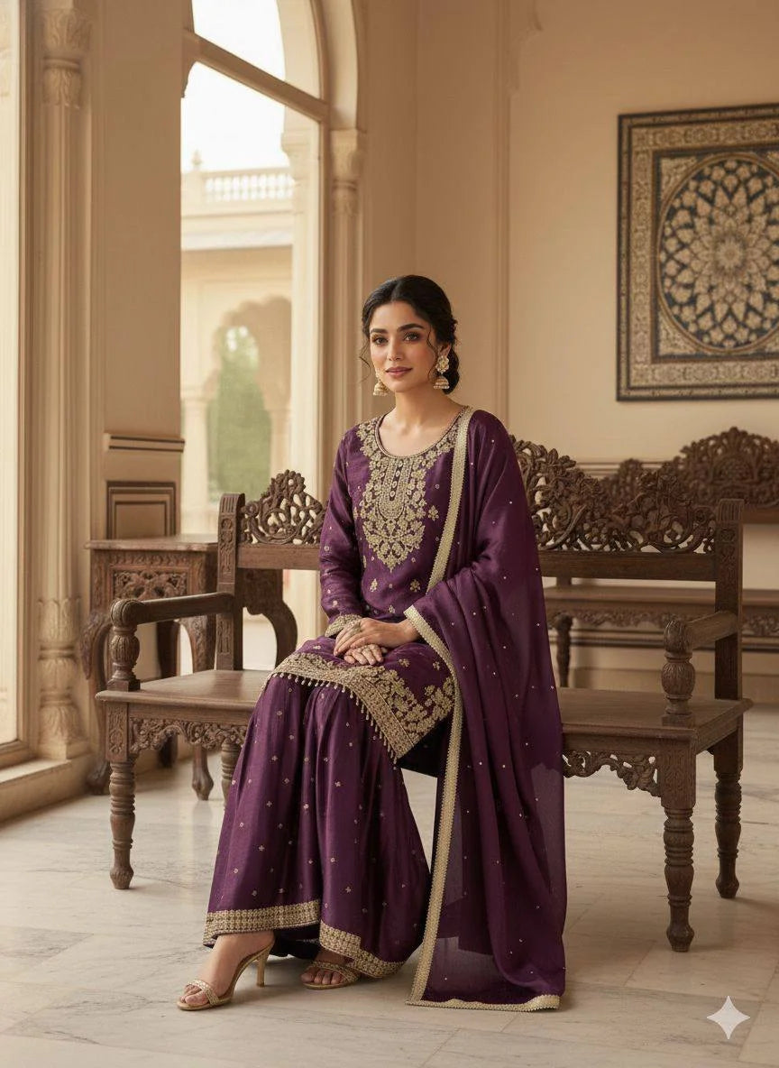 Designer Sharara Set â€“ GMY Silk with Sequen Embroidery & Beads Dupatta