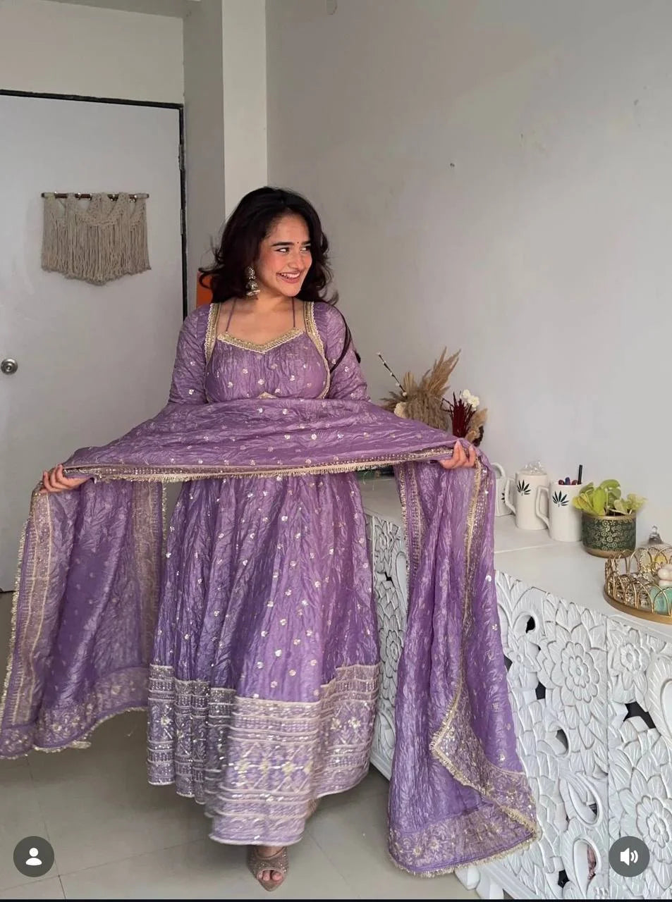 Stylish Fendy Silk Gown with Pant and Lace Dupatta