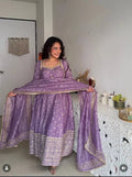 Stylish Fendy Silk Gown with Pant and Lace Dupatta