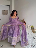 Stylish Fendy Silk Gown with Pant and Lace Dupatta