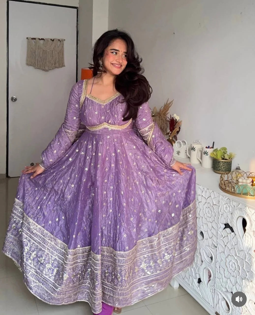 Stylish Fendy Silk Gown with Pant and Lace Dupatta
