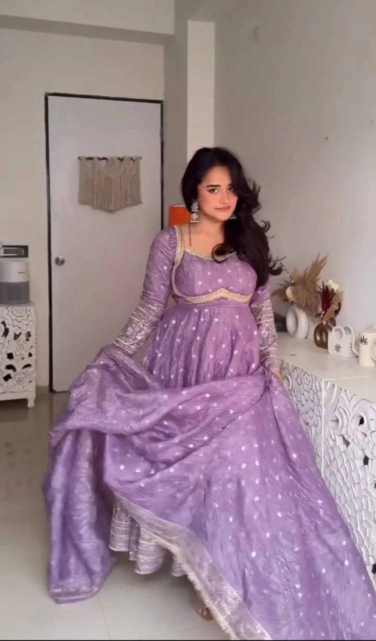 Stylish Fendy Silk Gown with Pant and Lace Dupatta