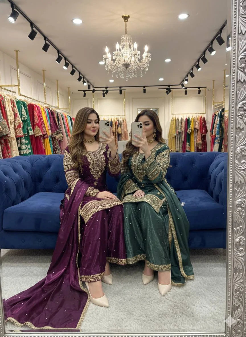 Elegant Eid Look GMY Silk Plazzo Outfit with Sequence Detailing