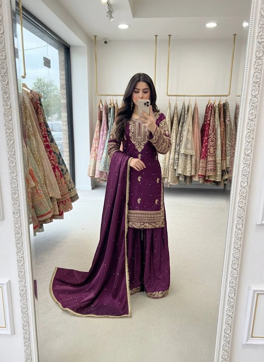 Elegant Eid Look GMY Silk Plazzo Outfit with Sequence Detailing