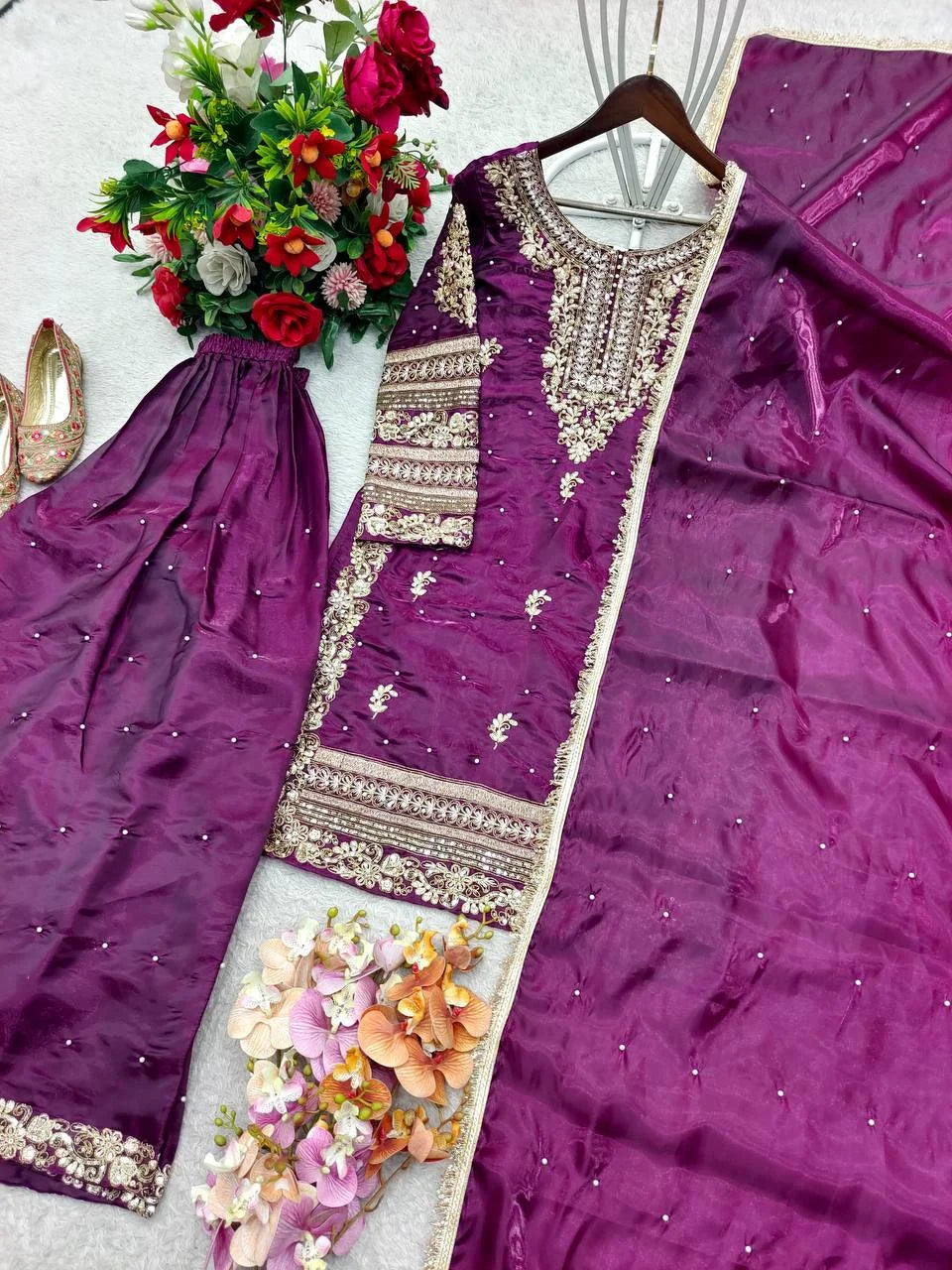 Elegant Eid Look GMY Silk Plazzo Outfit with Sequence Detailing