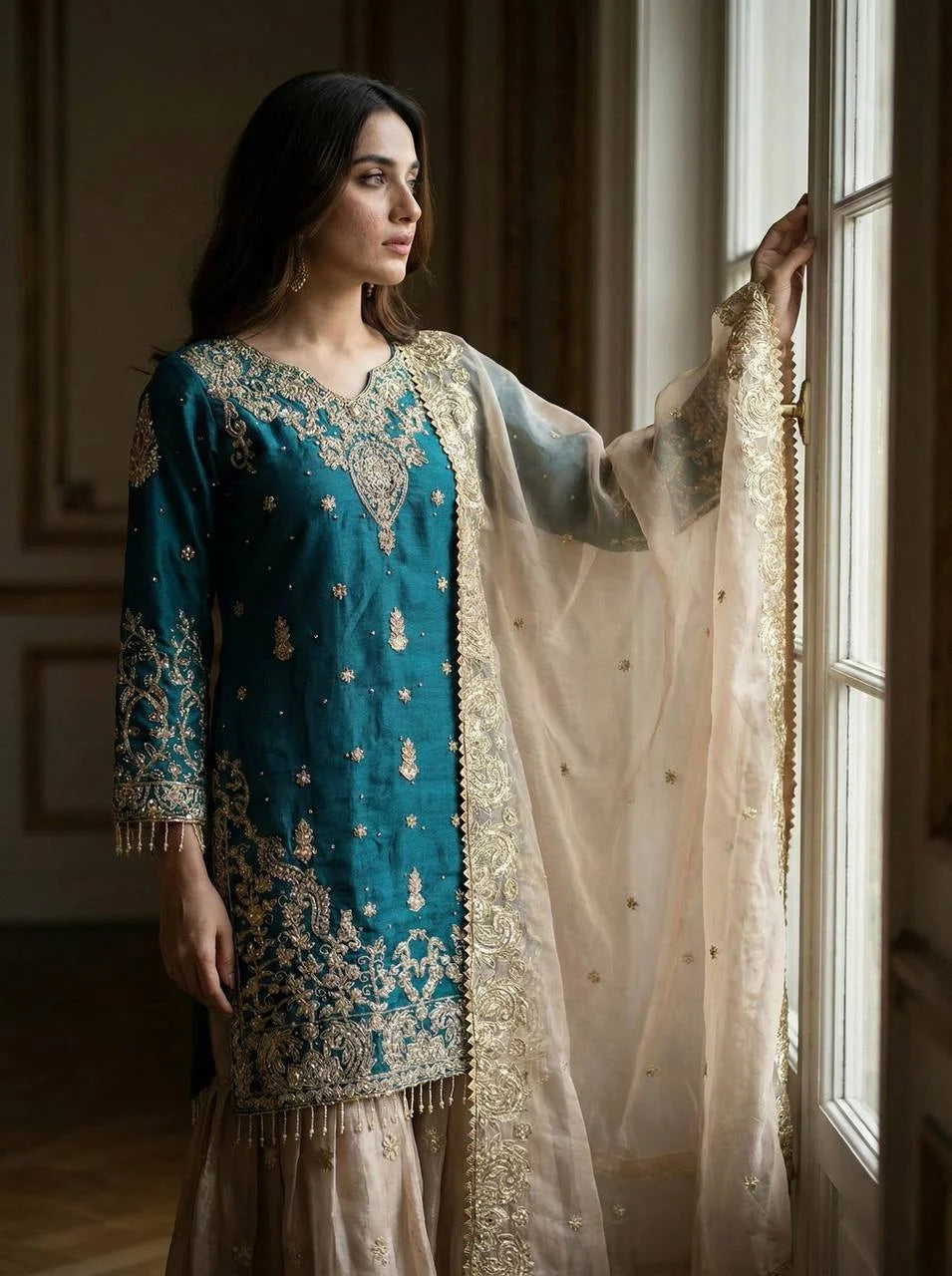 Luxury Eid Wear Sharara Suit in Heavy GMY Silk with Dori-Sequence Work
