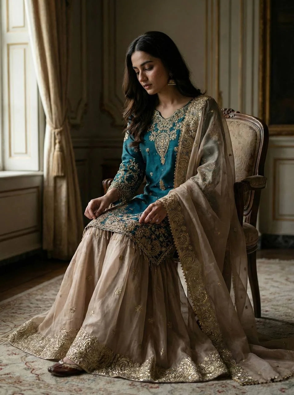 Luxury Eid Wear Sharara Suit in Heavy GMY Silk with Dori-Sequence Work