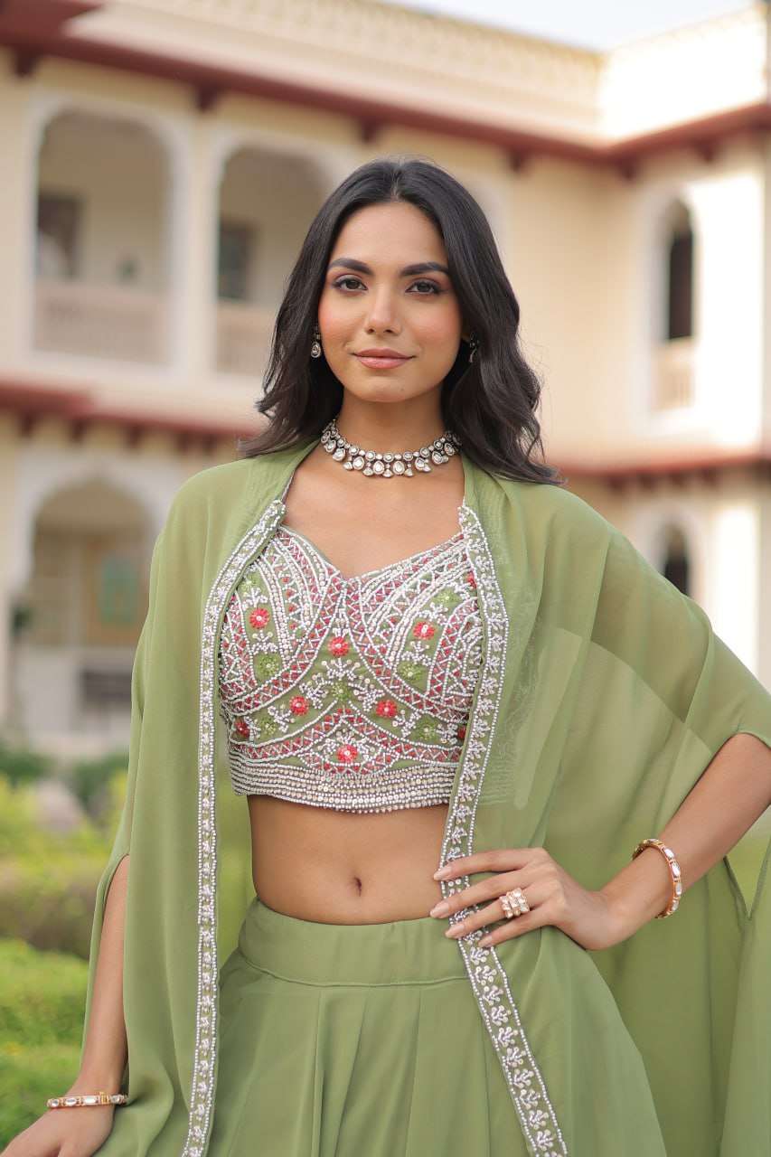 Graceful Lehenga â€“ Faux Georgette with Beads Work Blouse & Shrug
