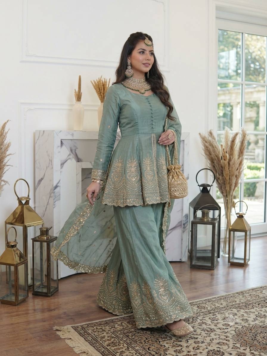 Sea Green Silk Kurta Palazzo With Dupatta - Wedding & Festive Wear