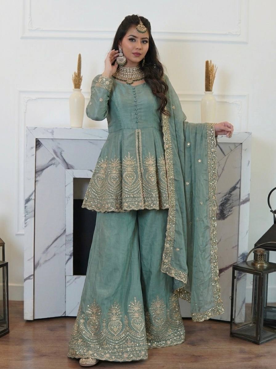 Sea Green Silk Kurta Palazzo With Dupatta - Wedding & Festive Wear