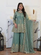 Sea Green Silk Kurta Palazzo With Dupatta - Wedding & Festive Wear