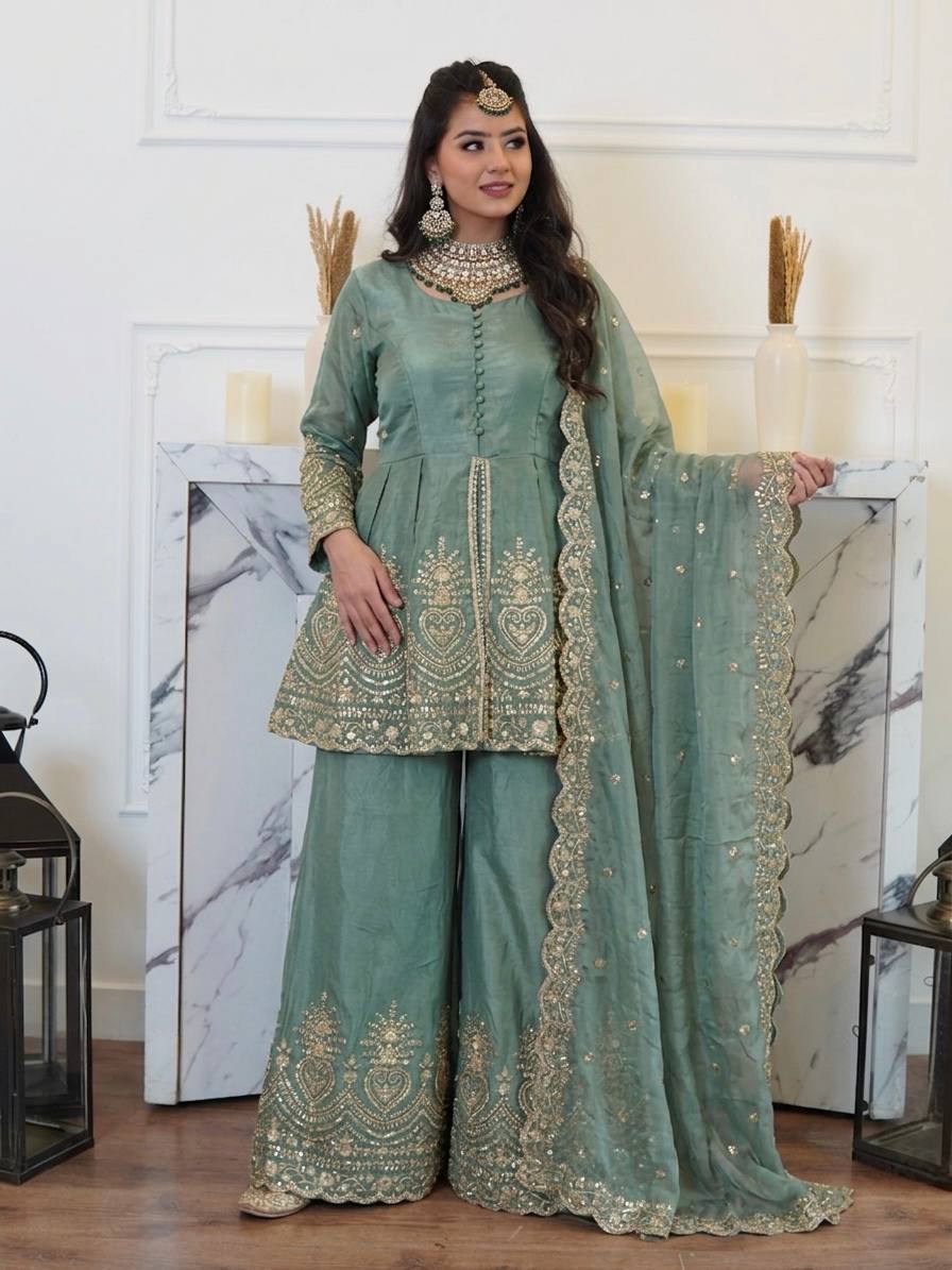Sea Green Silk Kurta Palazzo With Dupatta - Wedding & Festive Wear