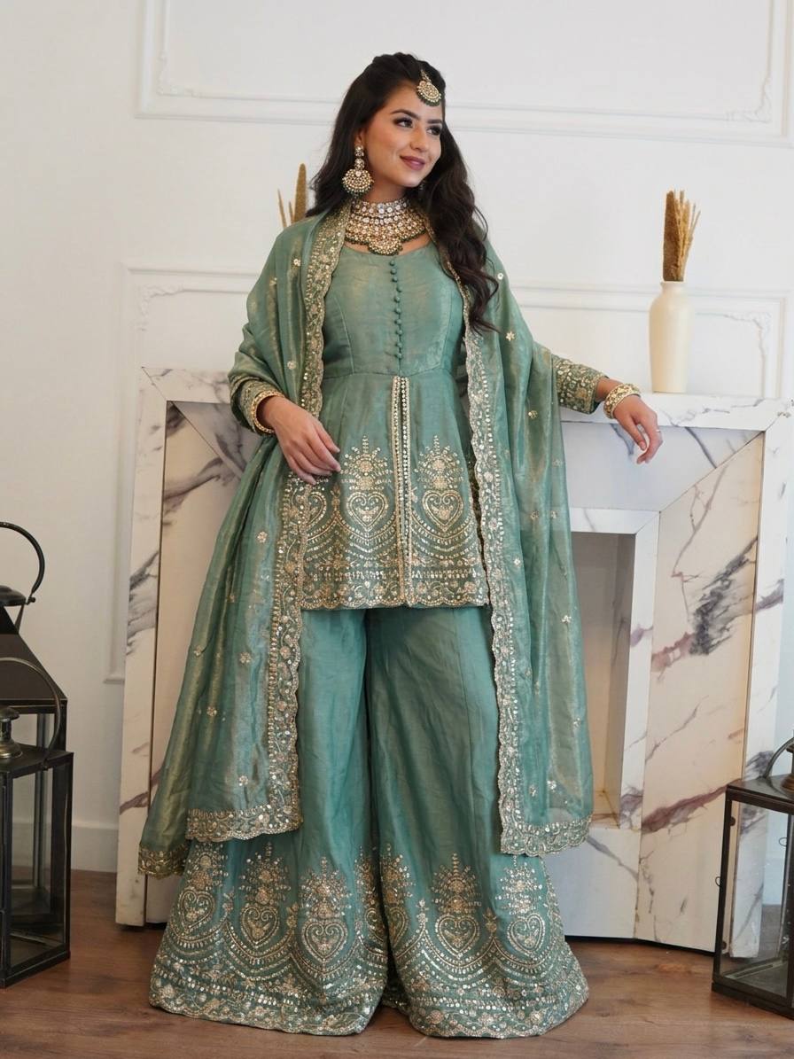 Sea Green Silk Kurta Palazzo With Dupatta - Wedding & Festive Wear
