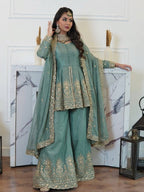 Sea Green Silk Kurta Palazzo With Dupatta - Wedding & Festive Wear