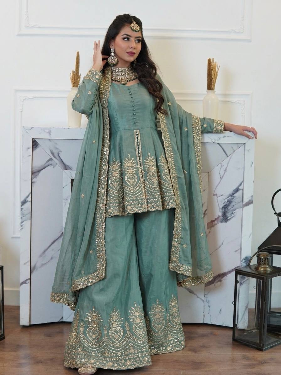 Sea Green Silk Kurta Palazzo With Dupatta - Wedding & Festive Wear