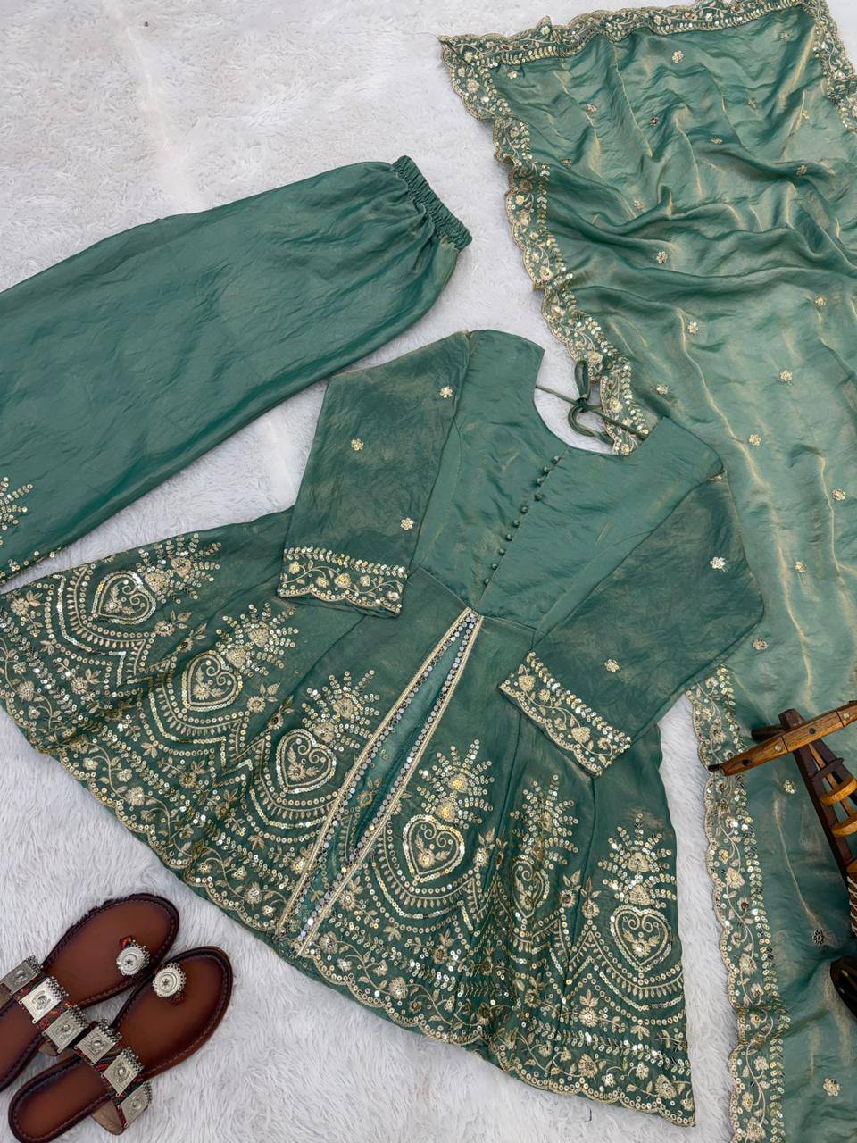 Sea Green Silk Kurta Palazzo With Dupatta - Wedding & Festive Wear