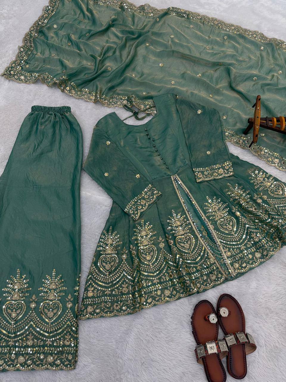 Sea Green Silk Kurta Palazzo With Dupatta - Wedding & Festive Wear