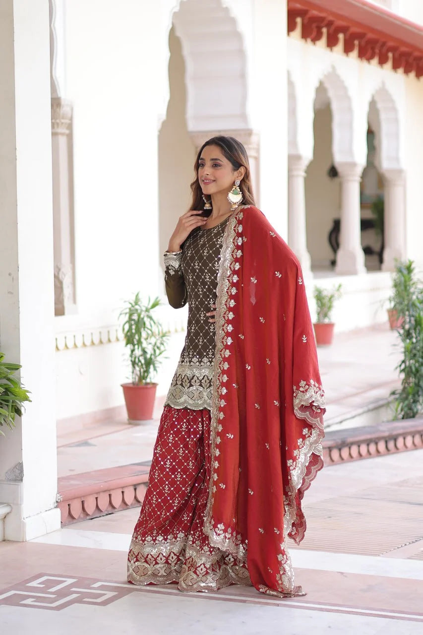 Royal Look Vichitra Silk Sharara Suit with Embroidered Dupatta