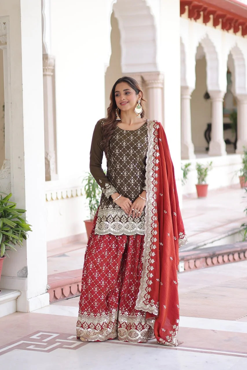 Royal Look Vichitra Silk Sharara Suit with Embroidered Dupatta