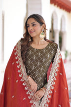 Royal Look Vichitra Silk Sharara Suit with Embroidered Dupatta