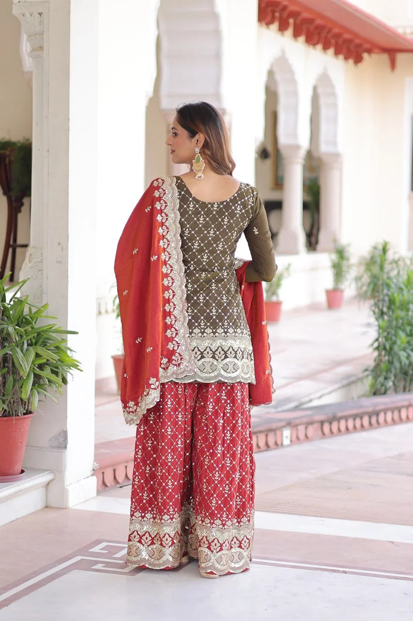 Royal Look Vichitra Silk Sharara Suit with Embroidered Dupatta