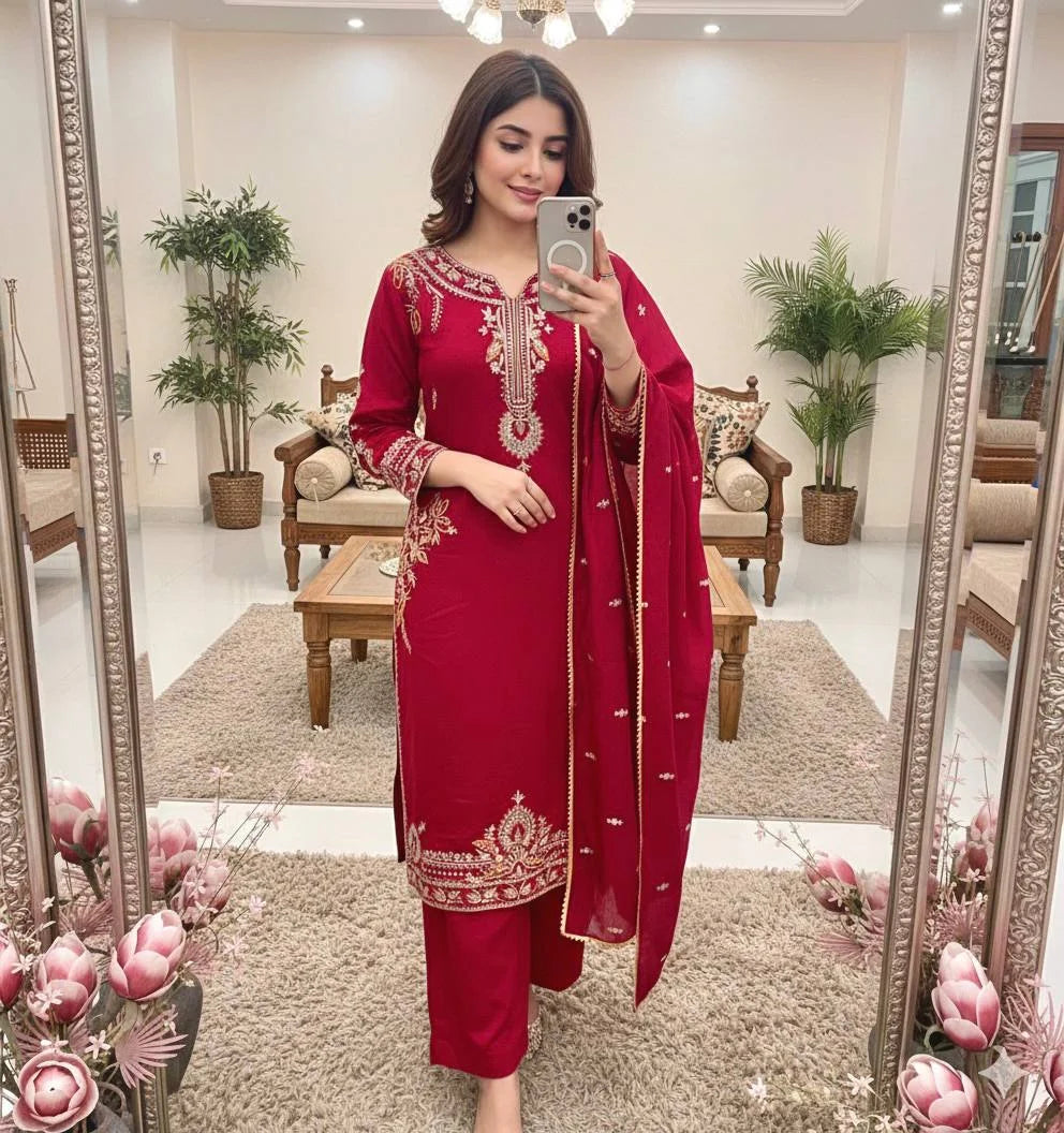 Chic Ethnic Roman Silk Suit Set with Heavy Embroidery & Lace Border
