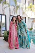 Designer Kurti Sharara Set â€“ Fendi Crush with Zari & Sequence Embroidery