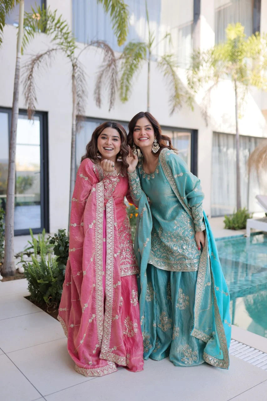 Designer Kurti Sharara Set â€“ Fendi Crush with Zari & Sequence Embroidery