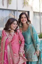 Designer Kurti Sharara Set â€“ Fendi Crush with Zari & Sequence Embroidery