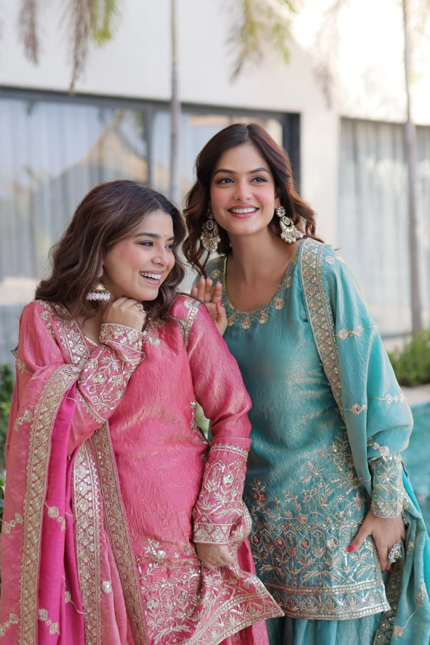 Designer Kurti Sharara Set â€“ Fendi Crush with Zari & Sequence Embroidery
