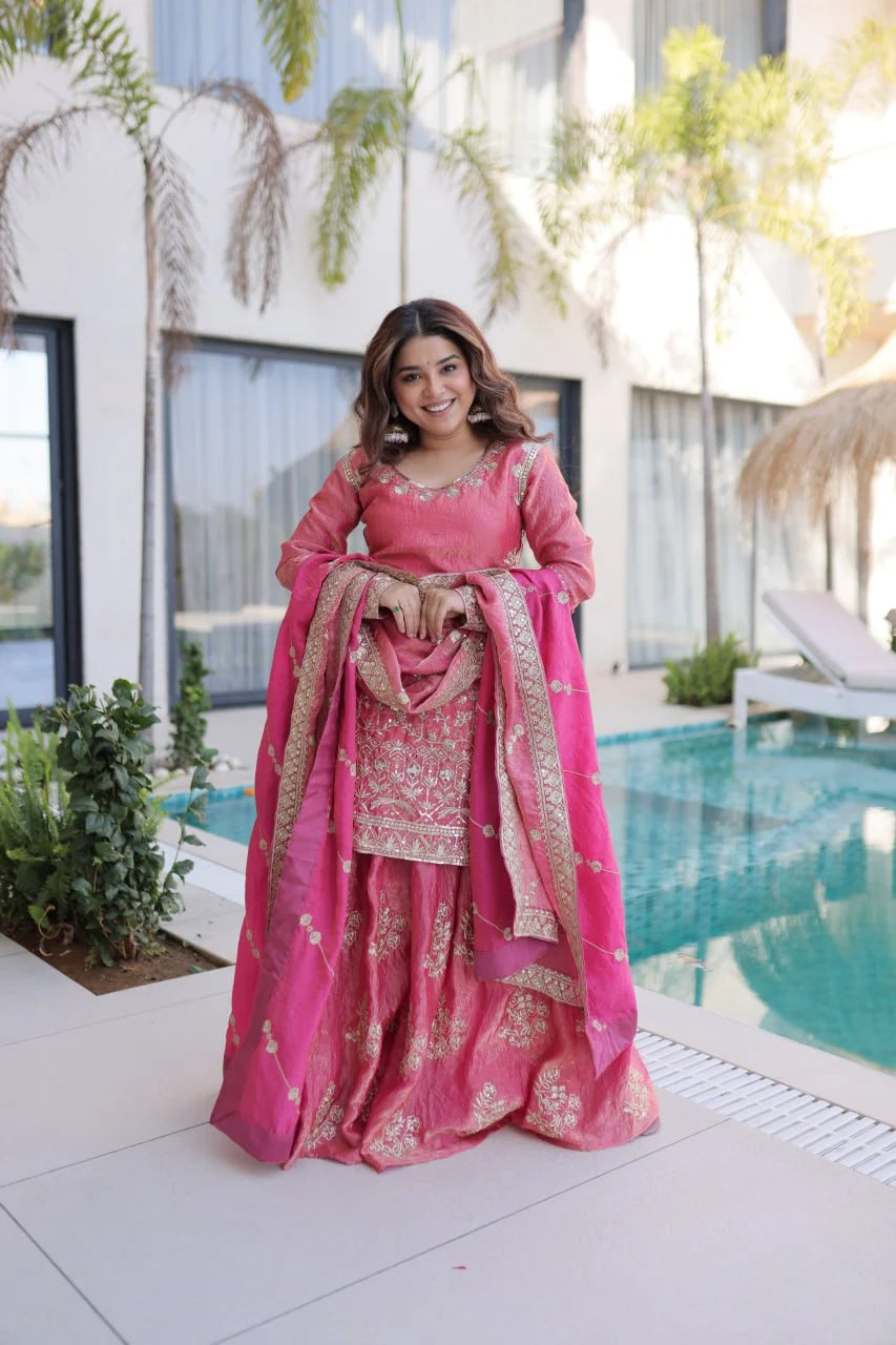 Designer Kurti Sharara Set â€“ Fendi Crush with Zari & Sequence Embroidery