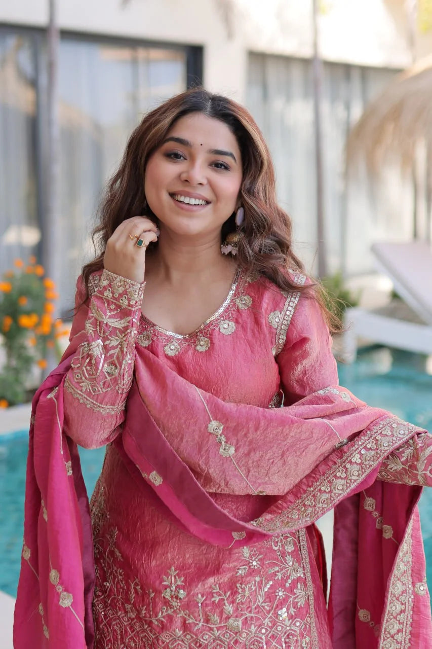 Designer Kurti Sharara Set â€“ Fendi Crush with Zari & Sequence Embroidery