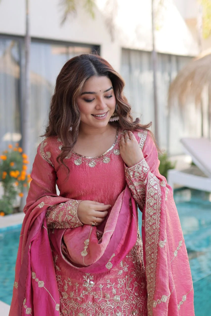 Designer Kurti Sharara Set â€“ Fendi Crush with Zari & Sequence Embroidery