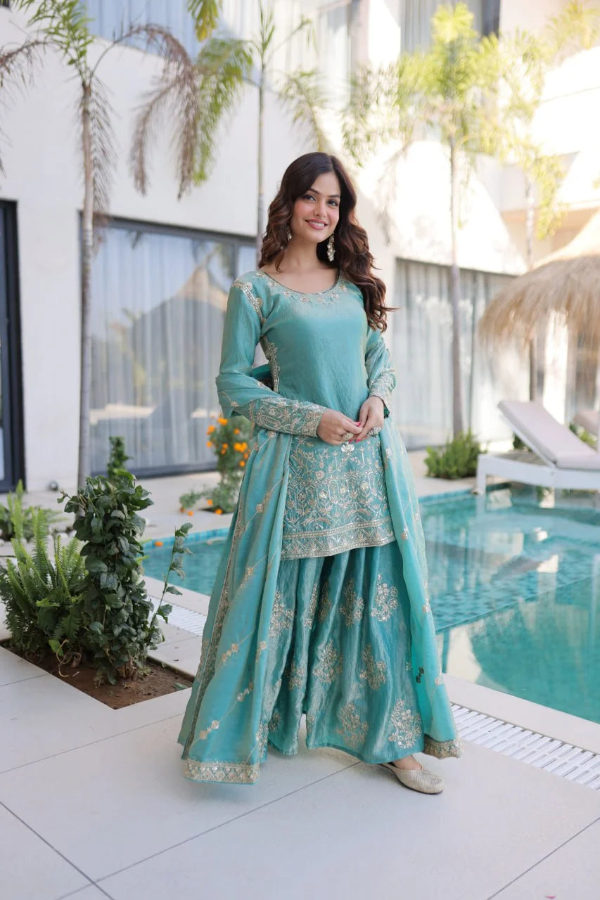 Designer Kurti Sharara Set â€“ Fendi Crush with Zari & Sequence Embroidery