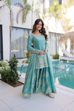 Designer Kurti Sharara Set â€“ Fendi Crush with Zari & Sequence Embroidery