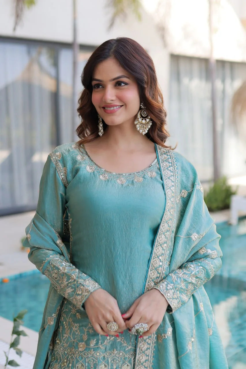 Designer Kurti Sharara Set â€“ Fendi Crush with Zari & Sequence Embroidery