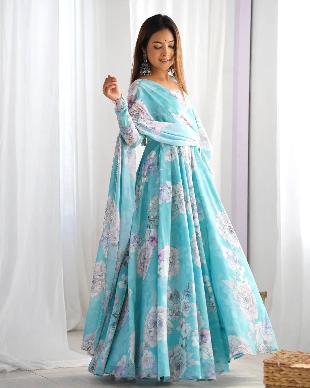 Elegant Floral Print Anarkali Gown with Triangle Lace Dupatta